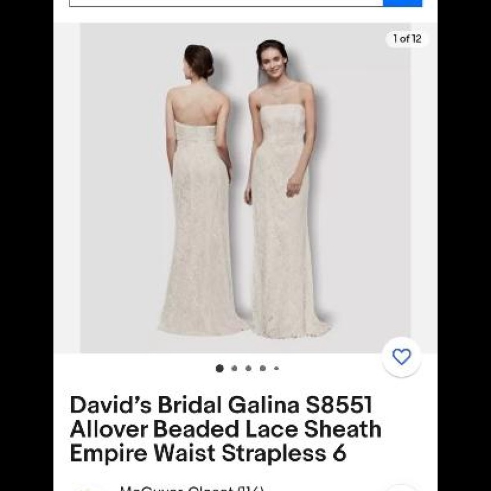 David’s bridal Gillian wedding dress. Size 8 beaded and has sequins